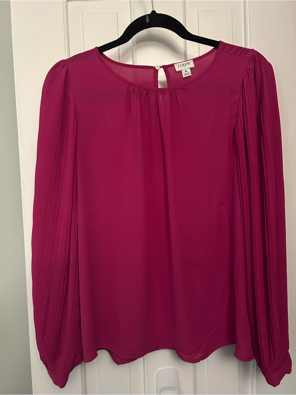 J. Crew Pleated Long-Sleeve Blouse in Deep Fuchsia